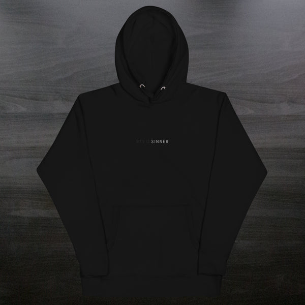 black hoodie with embroidered black text, 