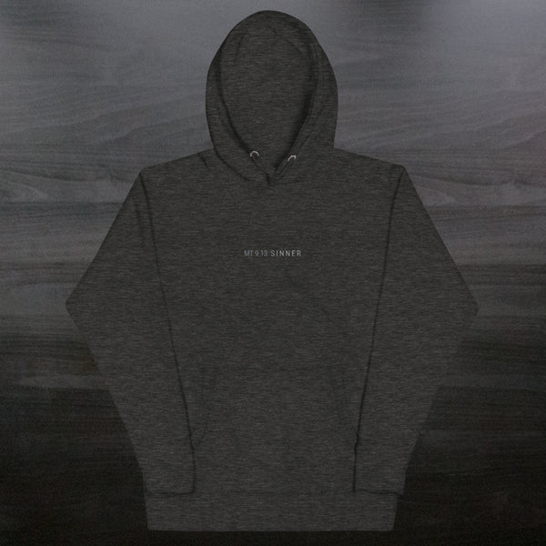 grey hoodie with embroidered text, 